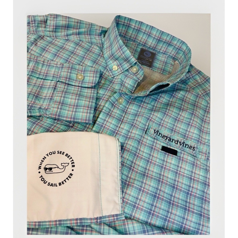 Vineyard Vines Shirt Mens Medium S Blue Plaid Textured Harbor Vented Fishing‎